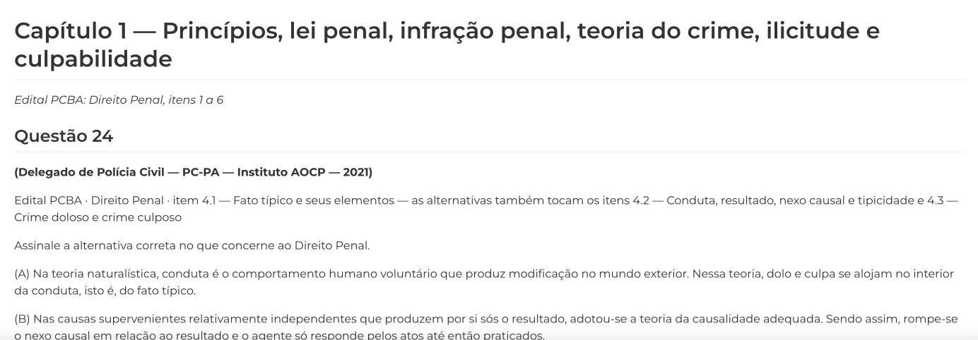 Tela da área de membros com a Questão 24: Delegado de Polícia Civil, PC-PA, Instituto AOCP, 2021, o item do edital da PCBA e as alternativas.